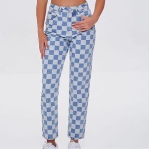 Forever 21 Blue and White Checkered Women Jeans